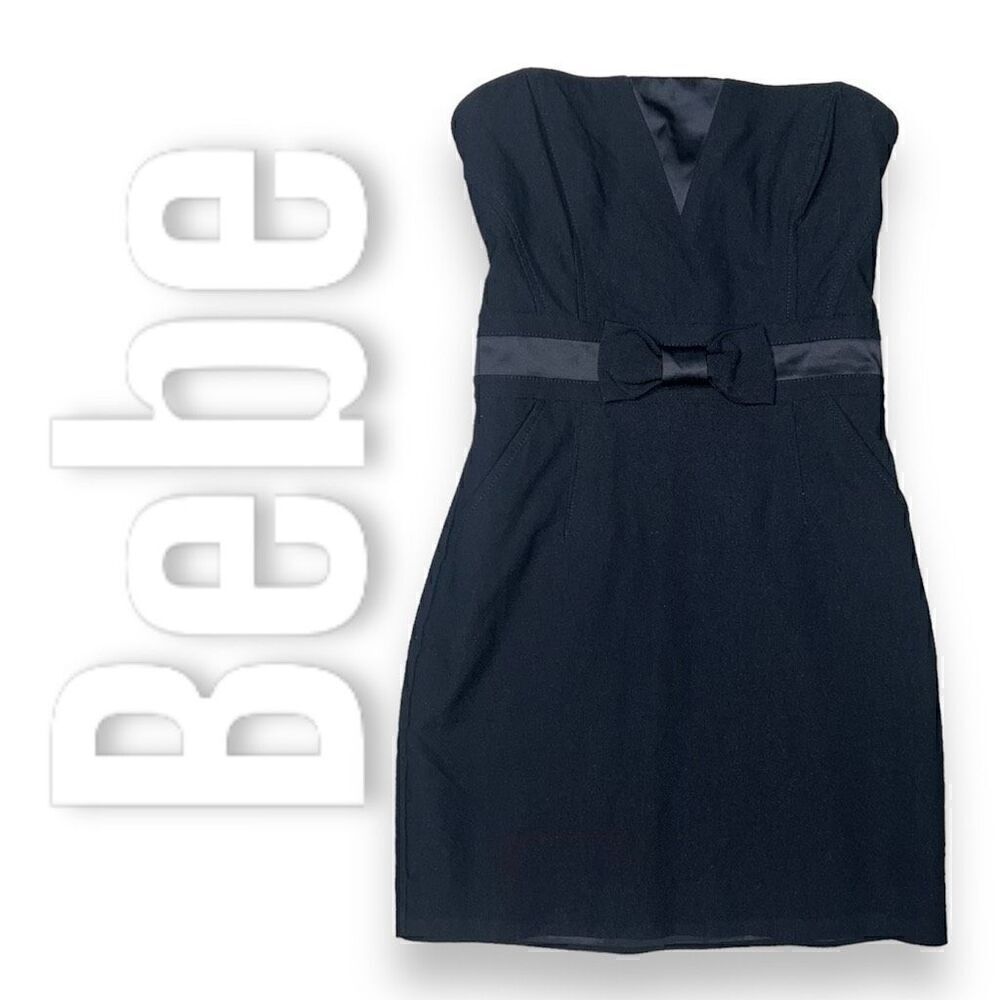 Bebe Strapless Y2K Mini Dress Faux Bow Belt with Pockets, Women’s 0